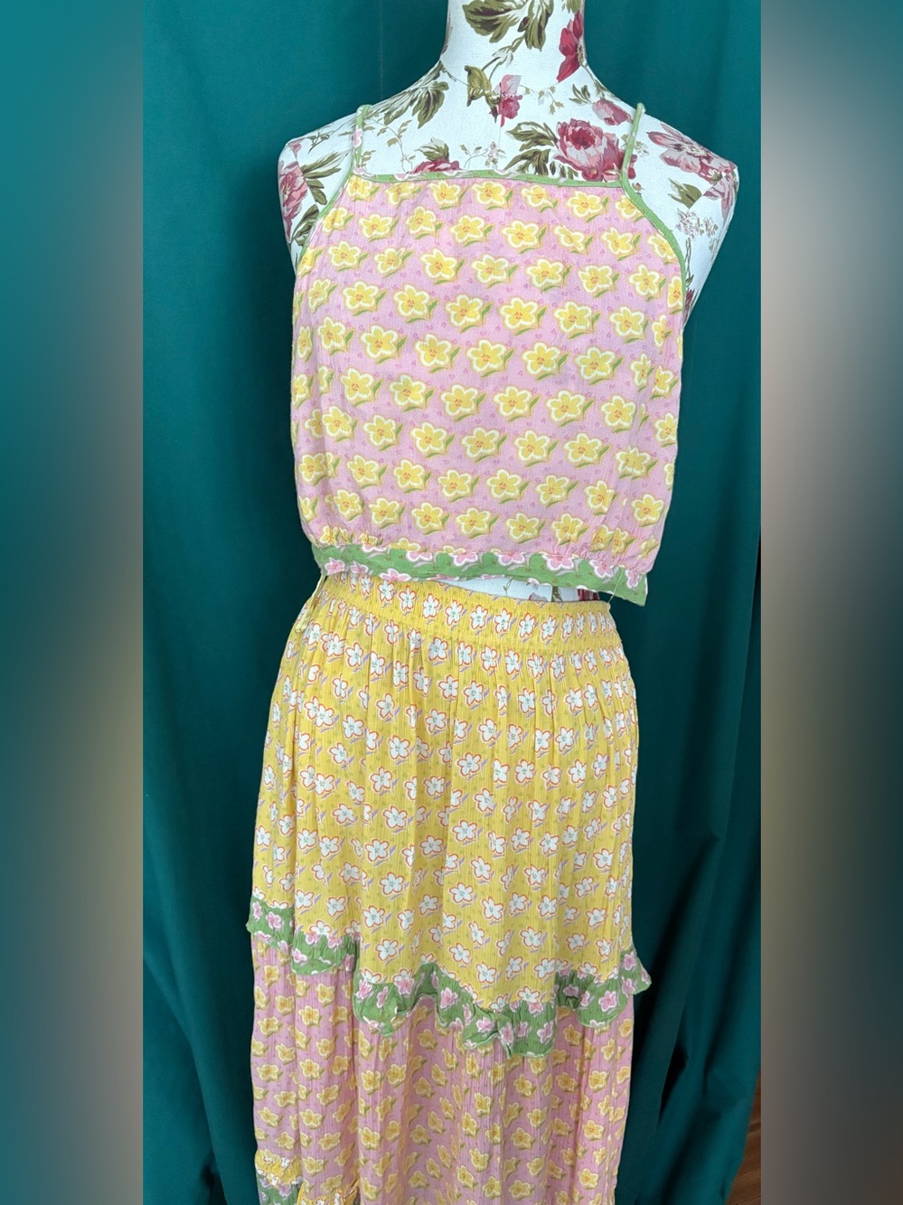 Pink & Yellow skirt and top Floral Smocked Fabric